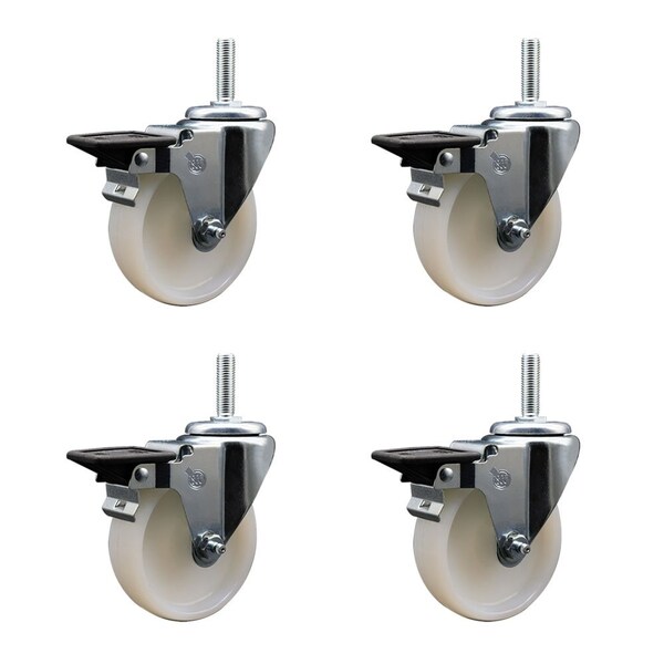 4 Inch Nylon Wheel Swivel 58 Inch Threaded Stem Caster Set with Brake SCC